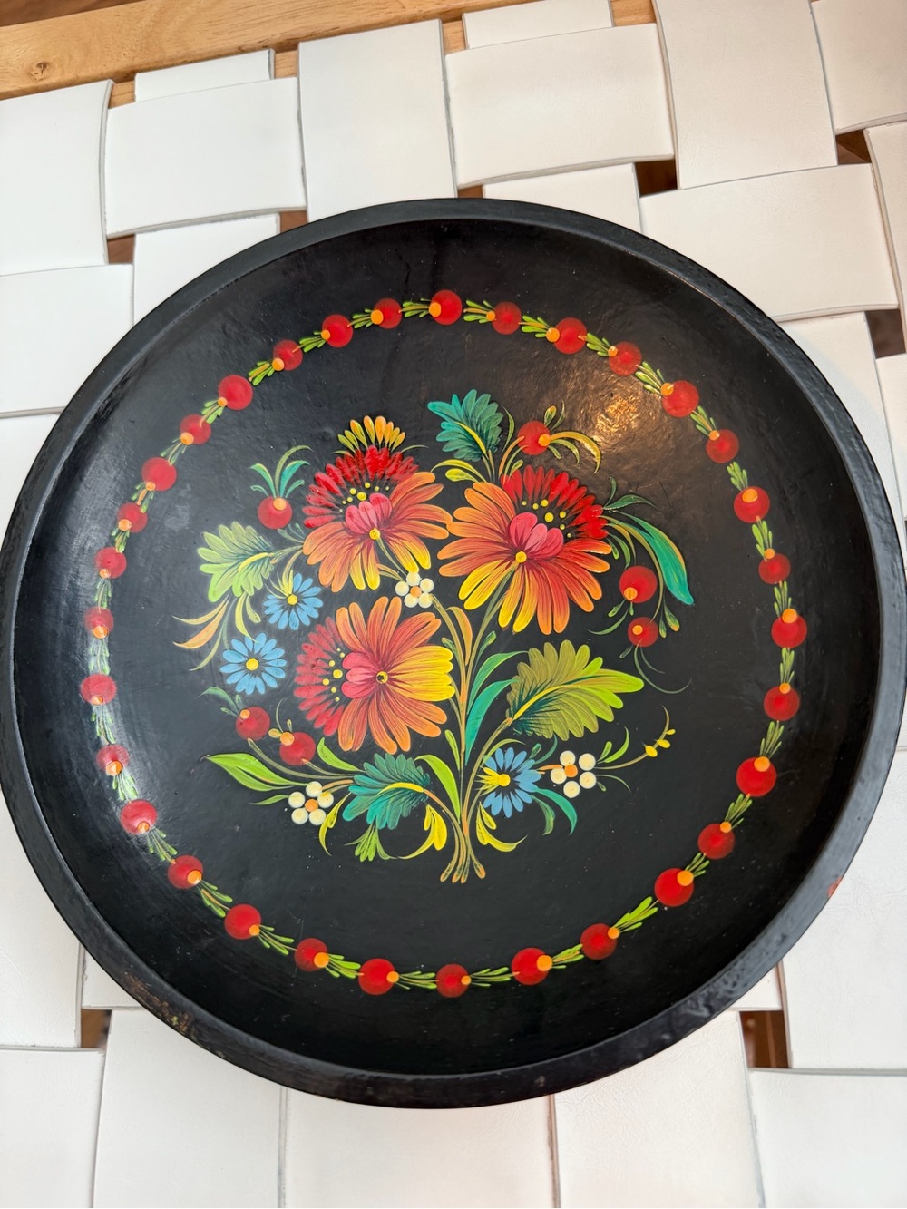 Vintage Hand Painted Wooden Bowl Ukrainian Petrykivka Folk Art Style